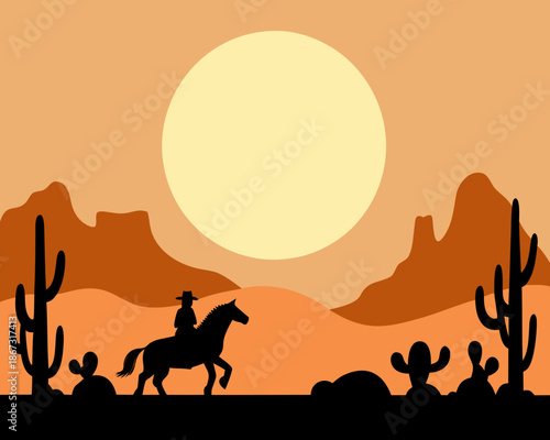 A lone cowboy rides silhouetted against a large desert sunset backdrop