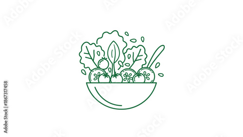 Fresh salad ingredients in a bowl with utensils, a simple yet vibrant illustration.