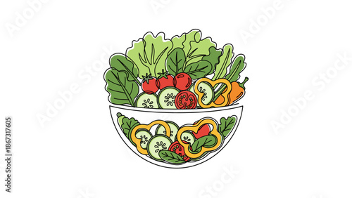 A colorful illustration of a fresh salad in a bowl, viewed from directly above
