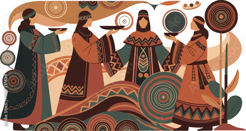 Traditional Ethnic Women Group in Tribal Garments Holding Ritual Bowls with Geometric Pattern Background