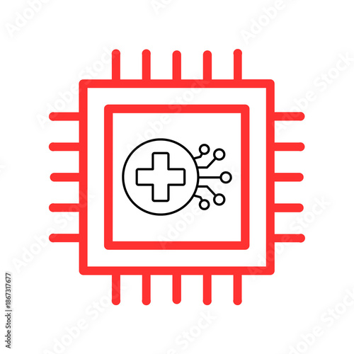 Futuristic red glowing microchip icon illustration