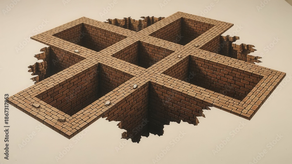 Fototapeta premium Optical Illusion 3D Floor Painting of Geometric Brick Wells