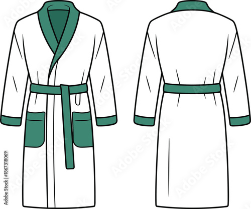 Front and back view flat sketch of a white bathrobe with green trim and belt clothing apparel
