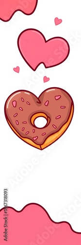 Sweet chocolate donut heart, trendy line art style, gentle pink red coral hues, romantic icon, vector art,  design,  vector