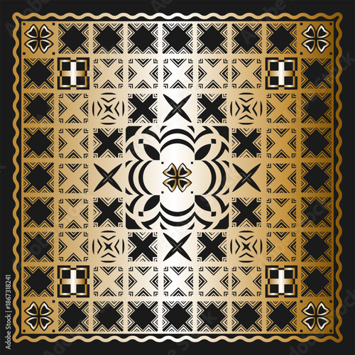 Bandana with a gold geometric pattern on a black background. Design for a tablecloth, rug, blanket, or other item. Vector illustration