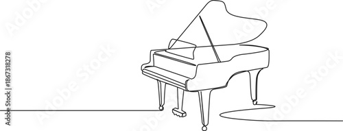 continuous line drawing of grand piano, line art vector illustration