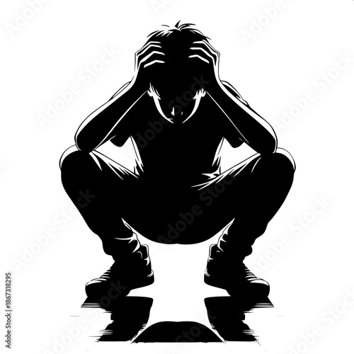 Black and White Vector Angry Boy Squatting in Frustration