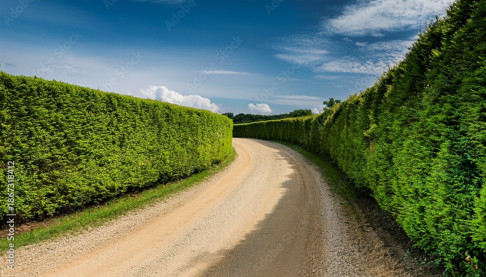 Naklejka premium scenic winding dirt road surrounded by lush green hedges