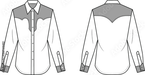 Front and back view flat sketch of a white western shirt with grey yoke clothing apparel