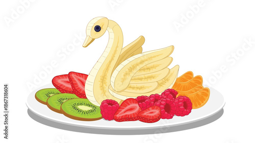 Artistic fruit platter featuring a swan carved from a banana surrounded by fresh strawberries kiwi slices and apricot pieces on a white plate