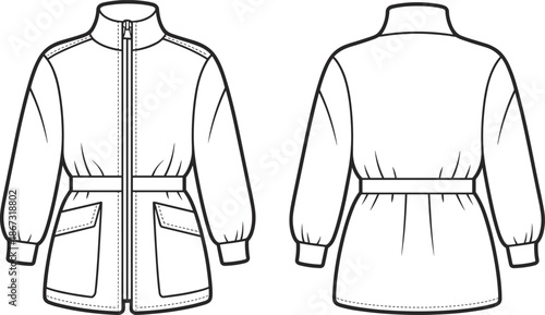Front and back view of a belted jacket with stand-up collar and pockets outerwear clothing