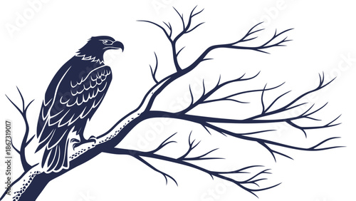 Majestic dark eagle perched on a barren skeletal tree branch under a stark white background symbolizing solitude and wilderness with wildlife