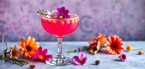 Vibrant pink chickpea cocktail in a coupe glass garnished with edible flowers, coupe, cocktailgarnishes