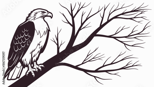 Majestic eagle perched on a bare tree branch against a white background symbolizing freedom and nature's power in a graphic illustration with wildlife