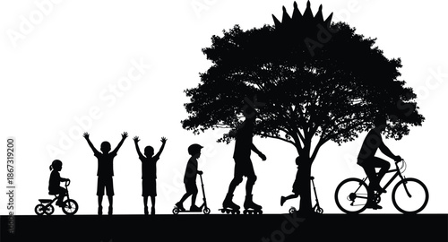 Active family and kids park silhouettes with children riding bicycle, scooter, tricycle, and rollerblading under a tree, outdoor summer recreation vector illustration,