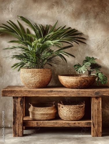 Organic plants and woven baskets adorn a rustic wooden console table, creating a natural and inviting atmosphere in a stylish home interior recl area.