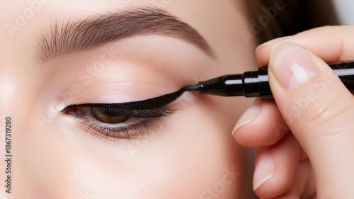 A makeup artist applying black liquid eyeliner on a woman's eye. Creating a classic winged cat eye look. Professional beauty and cosmetics application