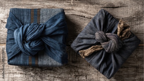 Fabric wrapped sustainable gift boxes presented artistically, showcasing furoshiki style packaging on a rustic wooden surface for environmentally conscious giving.