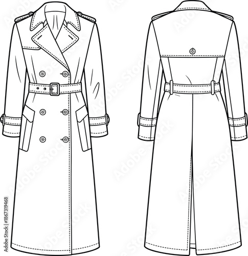 Front and back view of a classic double-breasted trench coat with belt and button details outerwear fashion