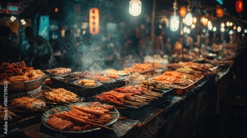 Vibrant Thai street food market glows at night with delicious snacks and meals available, creating a festive and colorful atmosphere filled with steam and aromas.