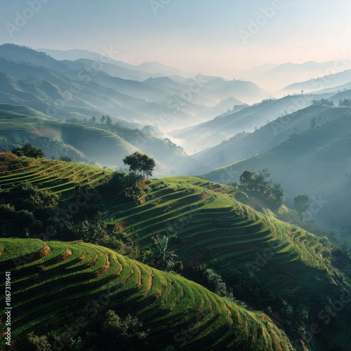 Rolling mist delicately veils Thai rice terraces carved into mountainsides at sunrise, creating a serene and picturesque Southeast Asian landscape scene.