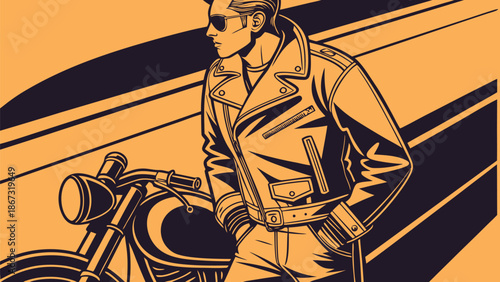 Stylish man in a leather jacket and sunglasses posing confidently next to a vintage motorcycle on a vibrant orange background with graphic lines