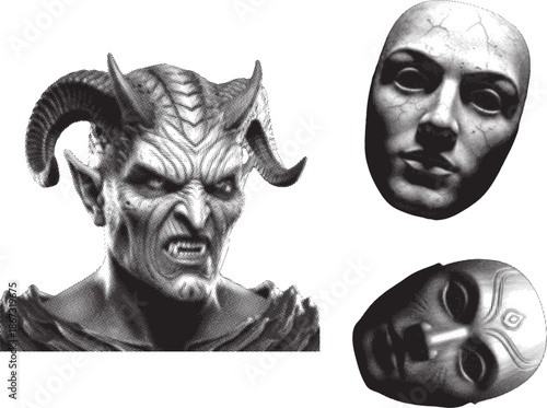 Gothic mask bundle with devil and skull illustrations isolated on white background, Vector, illustration