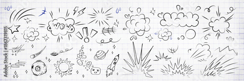 Cartoon line effects icon set. Manga speed elements, movement, burst, sketched motion