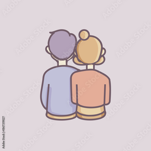 Couple standing close from behind in pastel outline illustration expressing intimacy trust and romantic connection