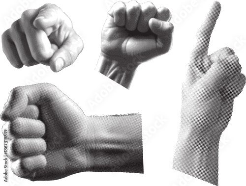 Hand gesture bundle - fist, thumb up, pointing, and peace sign isolated on white background, Vector, illustration