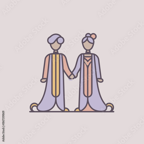 Minimal line illustration of couple in traditional robes holding hands, pastel outline style symbolizing unity, harmony and cultural relationship