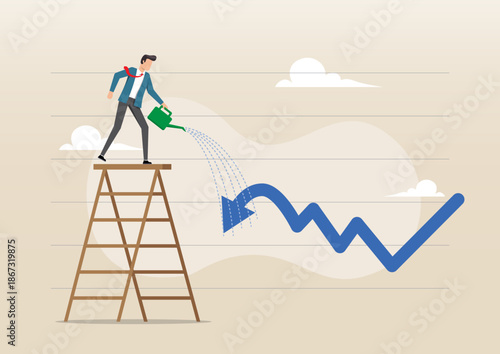Conceptual Illustration of a Businessman Watering a Falling Financial Graph Arrow for Investment Recovery