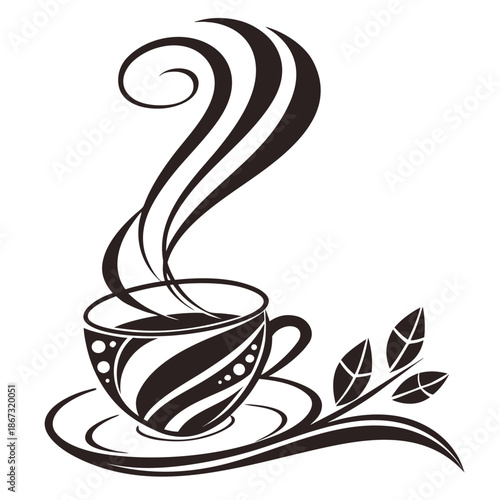 A steaming hot cup of coffee or tea with swirling steam and a leafy design on a saucer, perfect for cafe or restaurant promotions, conveying warmth and coziness