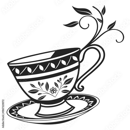Black and white illustration of a teacup with floral design on a saucer, leaves sprouting from the handle, elegant and minimalist with ceramic