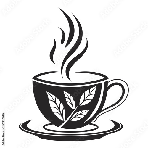 Black and white illustration of steaming hot cup of tea with leaf design on side, on saucer, isolated on white background with drink and graphic