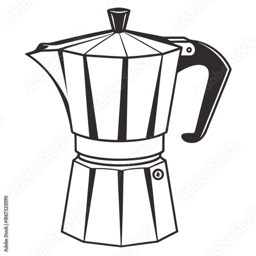 Black and white illustration of a classic stovetop espresso coffee maker with a handle and spout on a plain white background with espresso maker