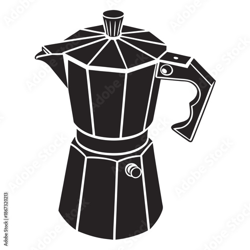 Black and white illustration of a classic stovetop espresso coffee maker with geometric lines and handle with espresso maker and stovetop coffee
