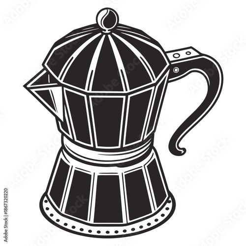 Black and white illustration of a classic stovetop espresso coffee maker with a handle and spout with kitchen and appliance and beverage and cooking