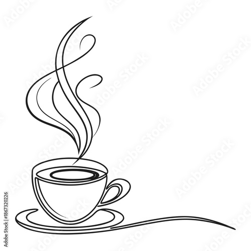 A steaming hot cup of coffee in a saucer with rising steam illustrated in a continuous line drawing style on a white background with illustration
