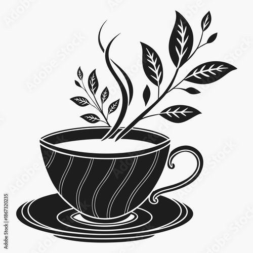A black and white illustration of a teacup with steam and a plant growing out of it on a saucer with growth and nature and hot and beverage and monochrome