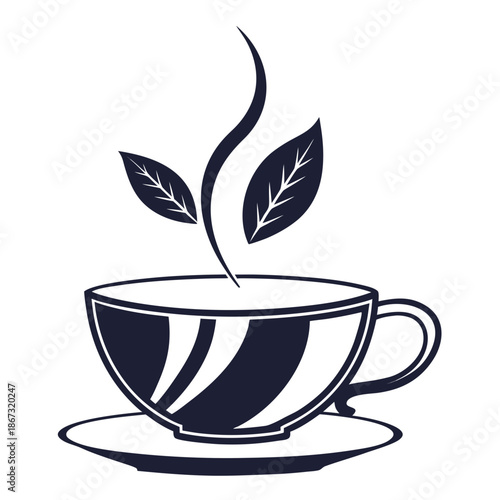 A black and white illustration of a tea cup with leaves rising from it on a saucer, symbolizing herbal tea or eco friendly beverage with healthy drink