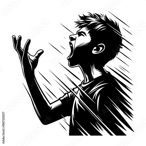 Black and White Vector Angry Boy Arguing with Hand Raised