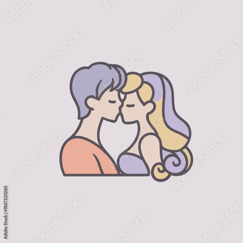 Minimal pastel illustration of a kissing couple expressing love romance and intimacy in soft modern style