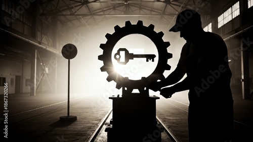 Industrial enigma worker adjusting gear with key, unlocking progress concept