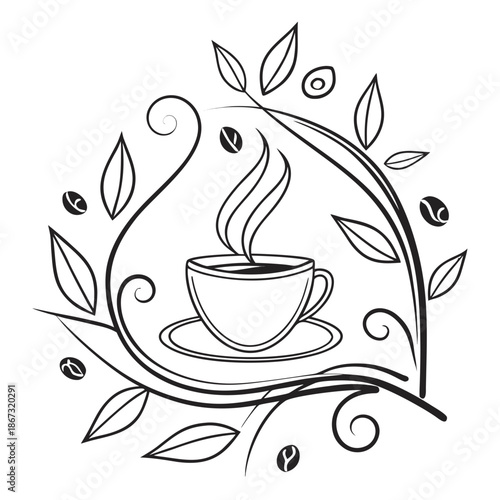A steaming cup of coffee on a saucer surrounded by coffee beans and leaves in a decorative line art design with illustration and hot and beverage