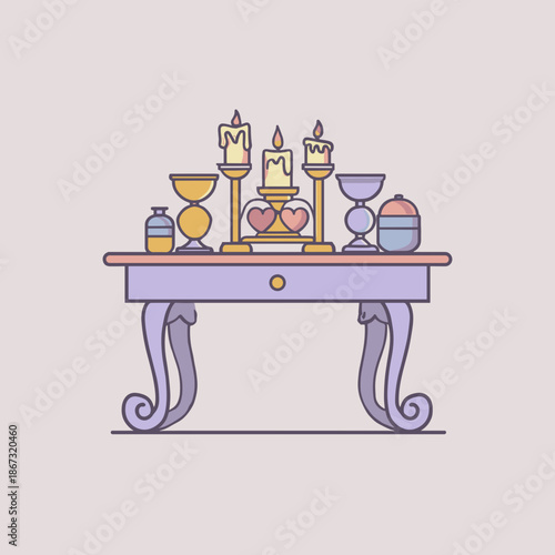 Elegant pastel table with candles and romantic decor in minimalist illustration style isolated on light background