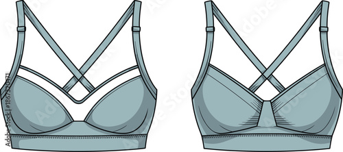 Front and back view of a light blue sports bra with crisscross straps and mesh inserts athletic wear