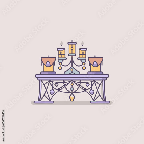 Decorative table with candles in soft pastel colors creating cozy romantic atmosphere illustration