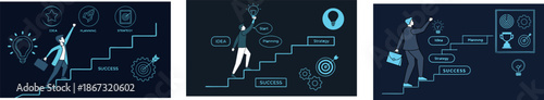 Set of Business Strategy Concepts with Professional Climbing Stairs to Success on Dark Background
