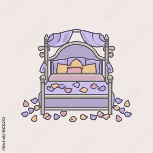Elegant romantic bed with rose petals in pastel colors creating a cozy love themed bedroom illustration